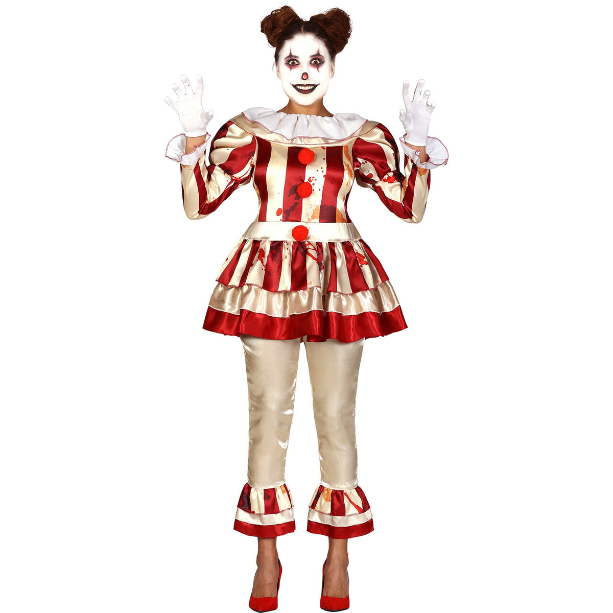 Op deze afbeelding zie je een Kostuums, van het merk Guirca. Gestreepte Lady Killer Clown Vrouw Kostuum
