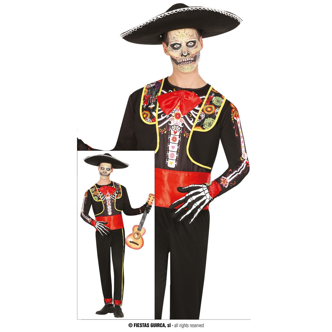 Op deze afbeelding zie je een Kostuums, van het merk Guirca. Langst Spelende Mariachi Bandlid Man Kostuum