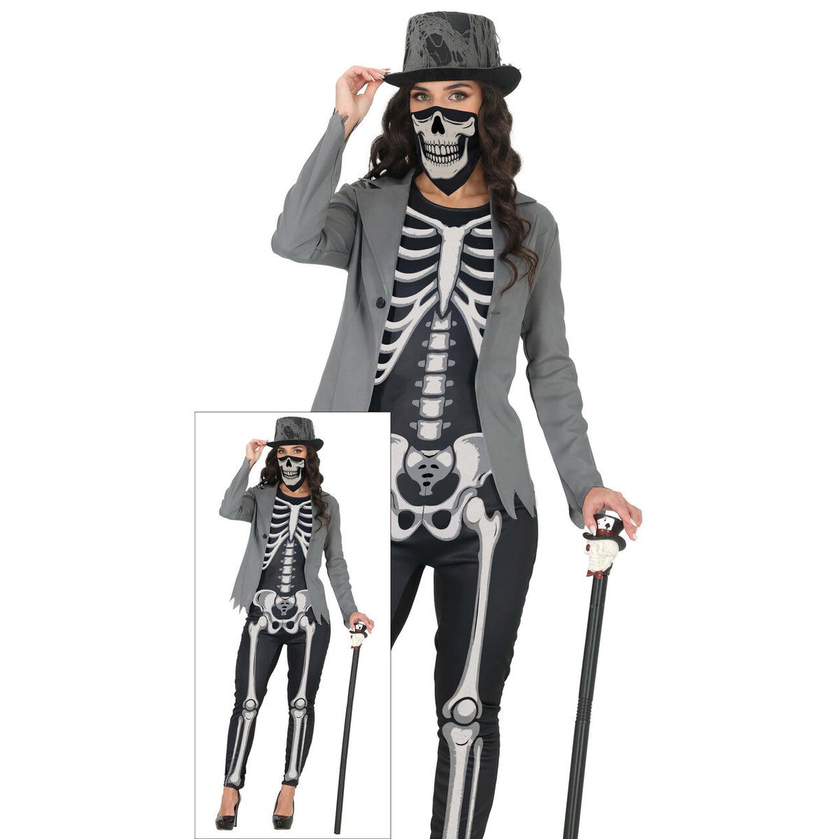 Op deze afbeelding zie je een Kostuums, van het merk Guirca. Miss Skeleton Grey Vrouw Kostuum