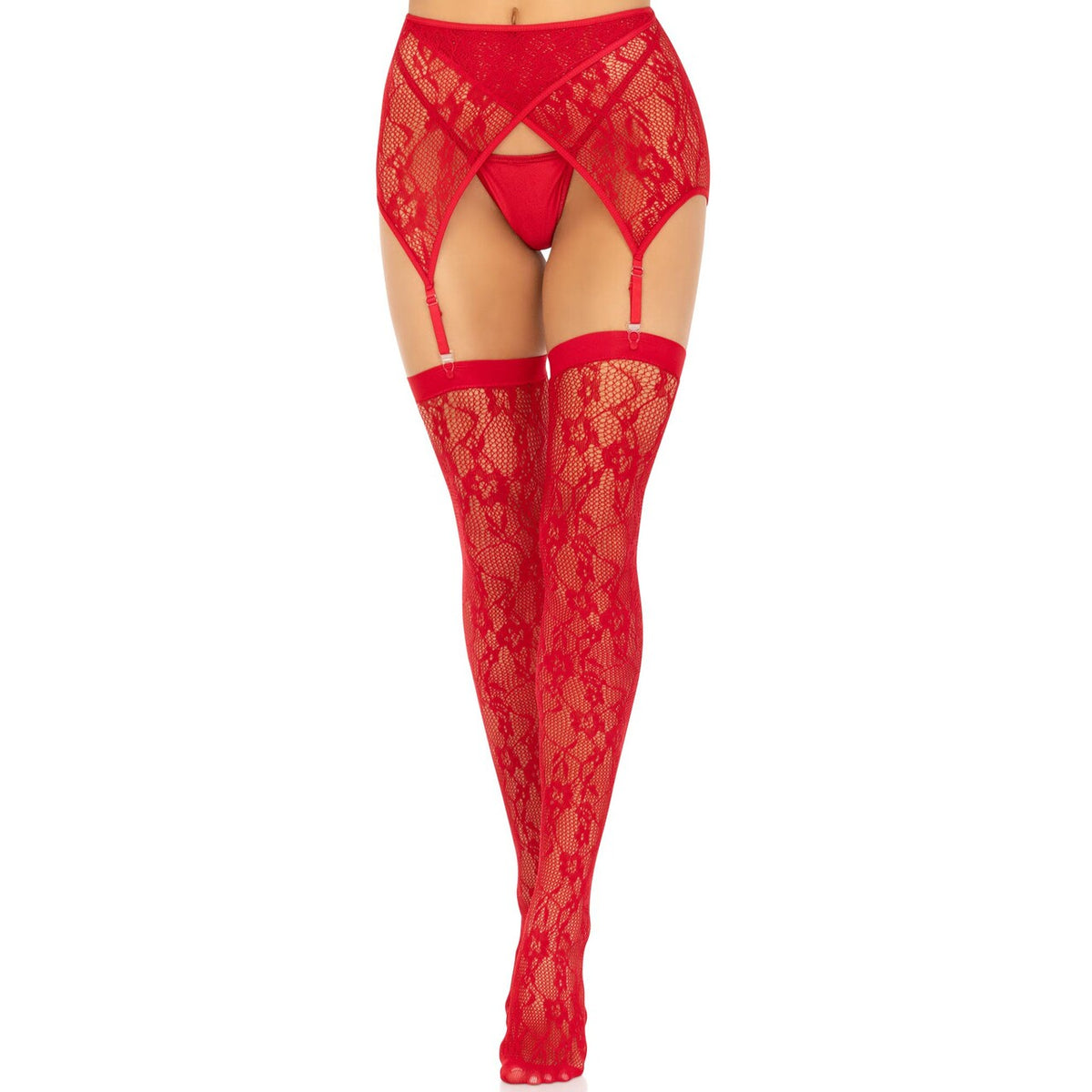 Op deze afbeelding zie je een Accessoires, van het merk Leg Avenue. Floral Red Kousen En Jarretelgordel