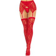 Op deze afbeelding zie je een Accessoires, van het merk Leg Avenue. Floral Red Kousen En Jarretelgordel