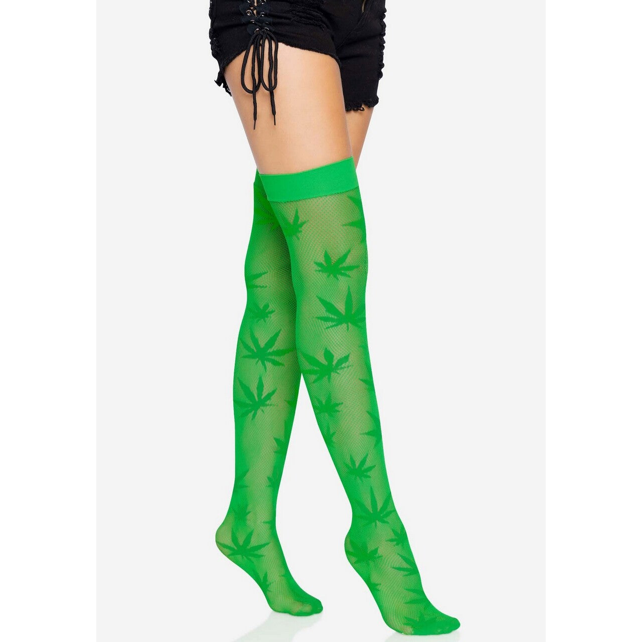 Op deze afbeelding zie je een Accessoires, van het merk Leg Avenue. Weed Leaves Stay Ups Kousen Groen