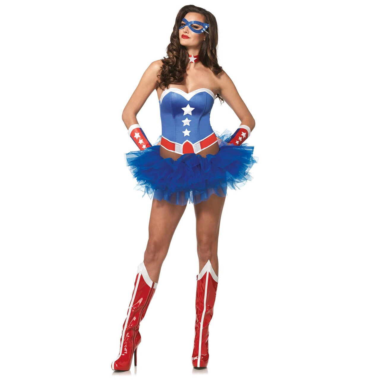 Op deze afbeelding zie je een Kostuums, van het merk Leg Avenue. 4delige Amerikaanse Superheldin Set Blauw Vrouw Kostuum