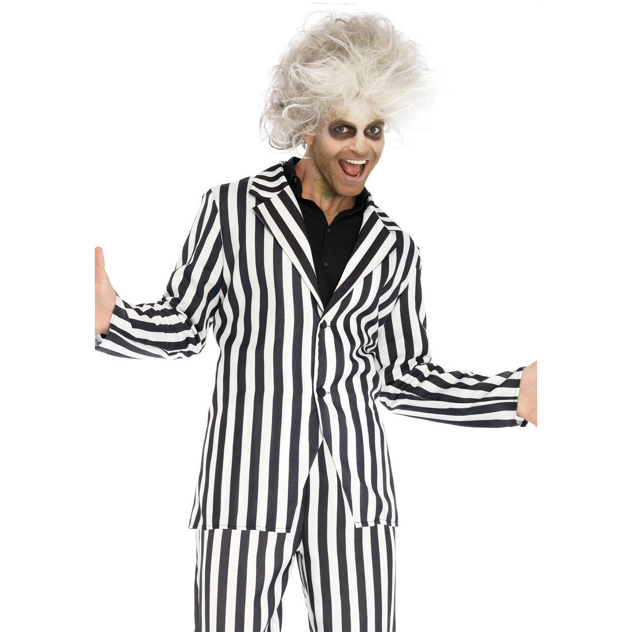 Op deze afbeelding zie je een Kostuums, van het merk Leg Avenue. Beetlejuice Boss Zwart Wit Gestreept Man Kostuum
