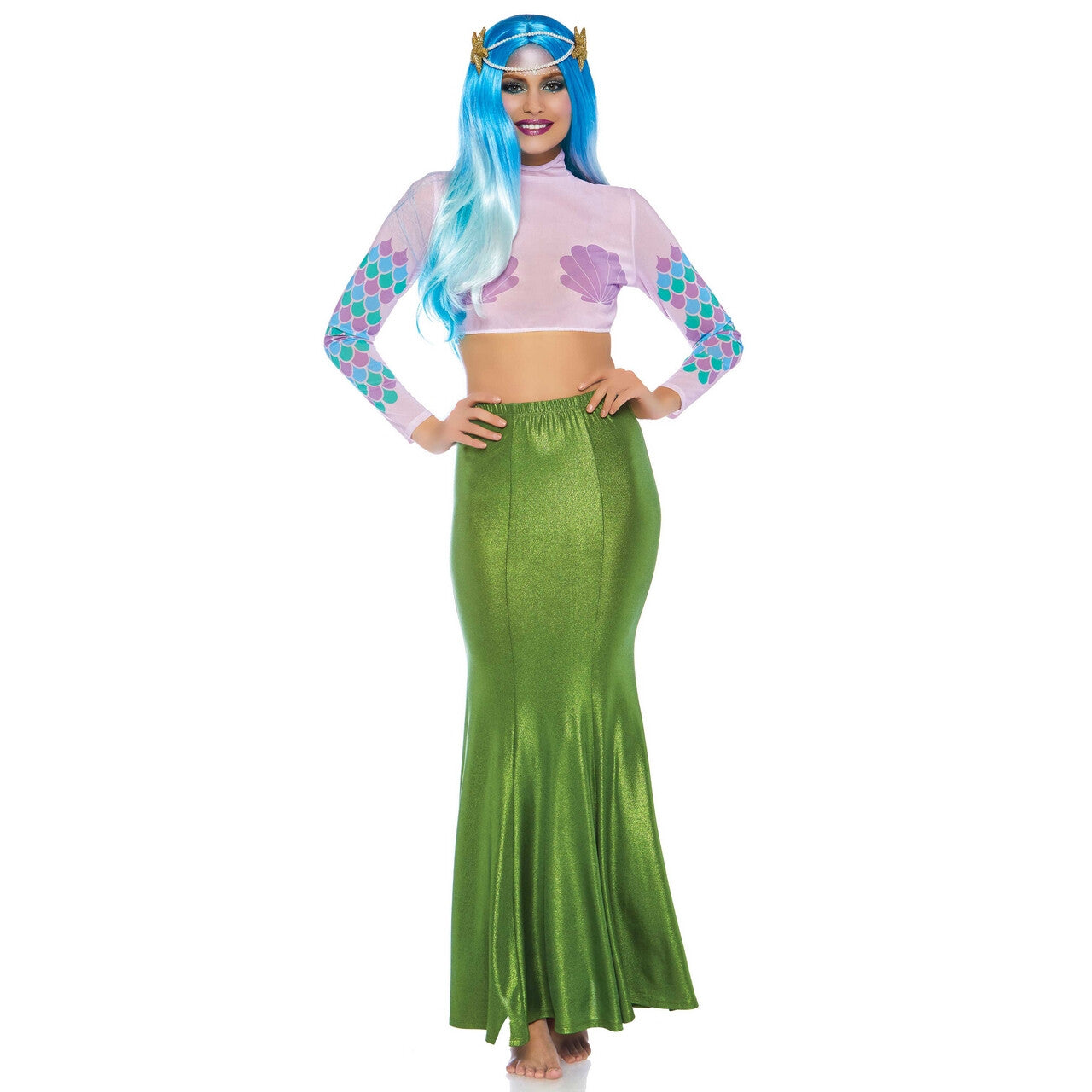Op deze afbeelding zie je een Kostuums, van het merk Leg Avenue. Glimmende Spandex Zeemeermin Rok Groene Alg Vrouw