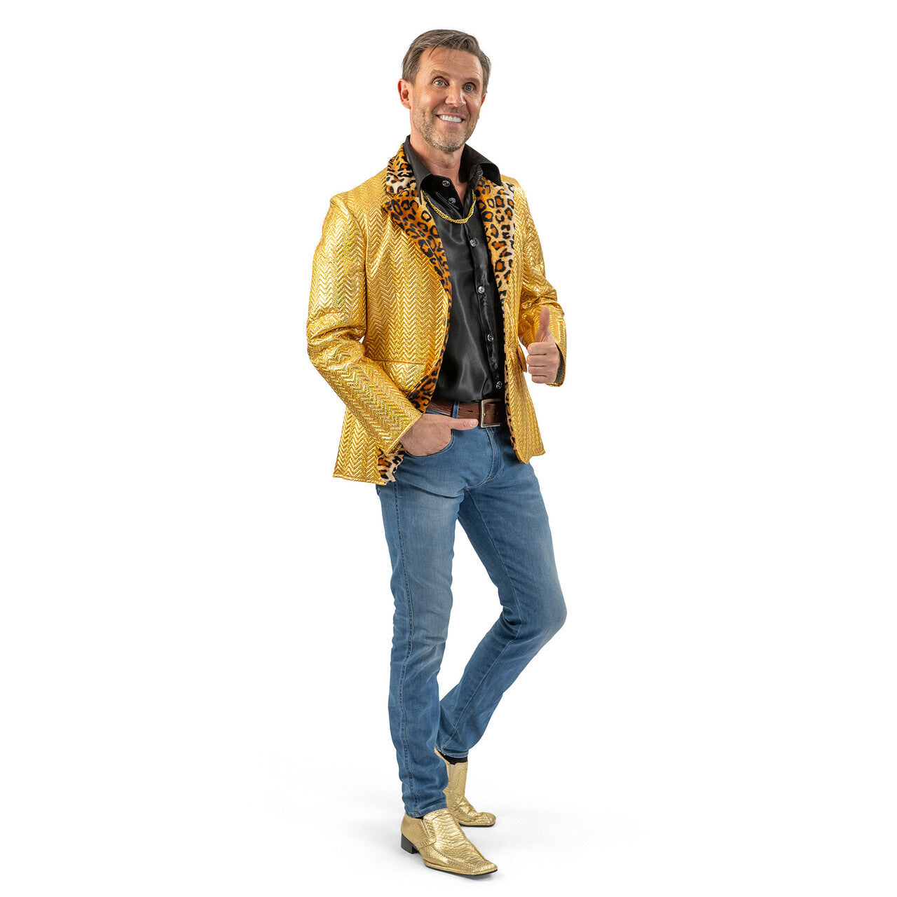 Op deze afbeelding zie je een Kostuums, van het merk Magic By Freddy's. Gouden Colbert Met Tijgerprint Man