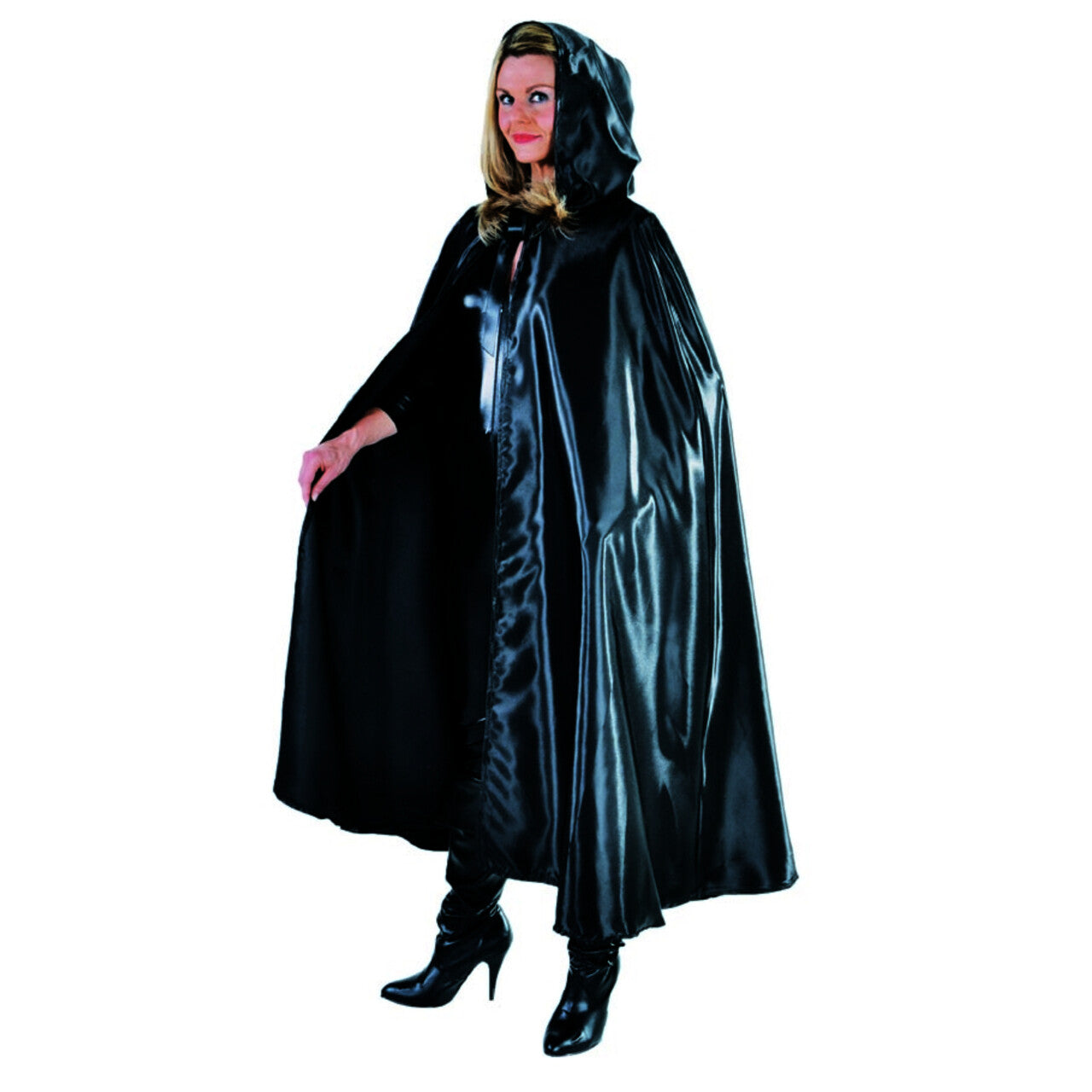 Op deze afbeelding zie je een Kostuums, van het merk Magic By Freddy's. Glanzend Zwarte Cape Met Capuchon Vrouw