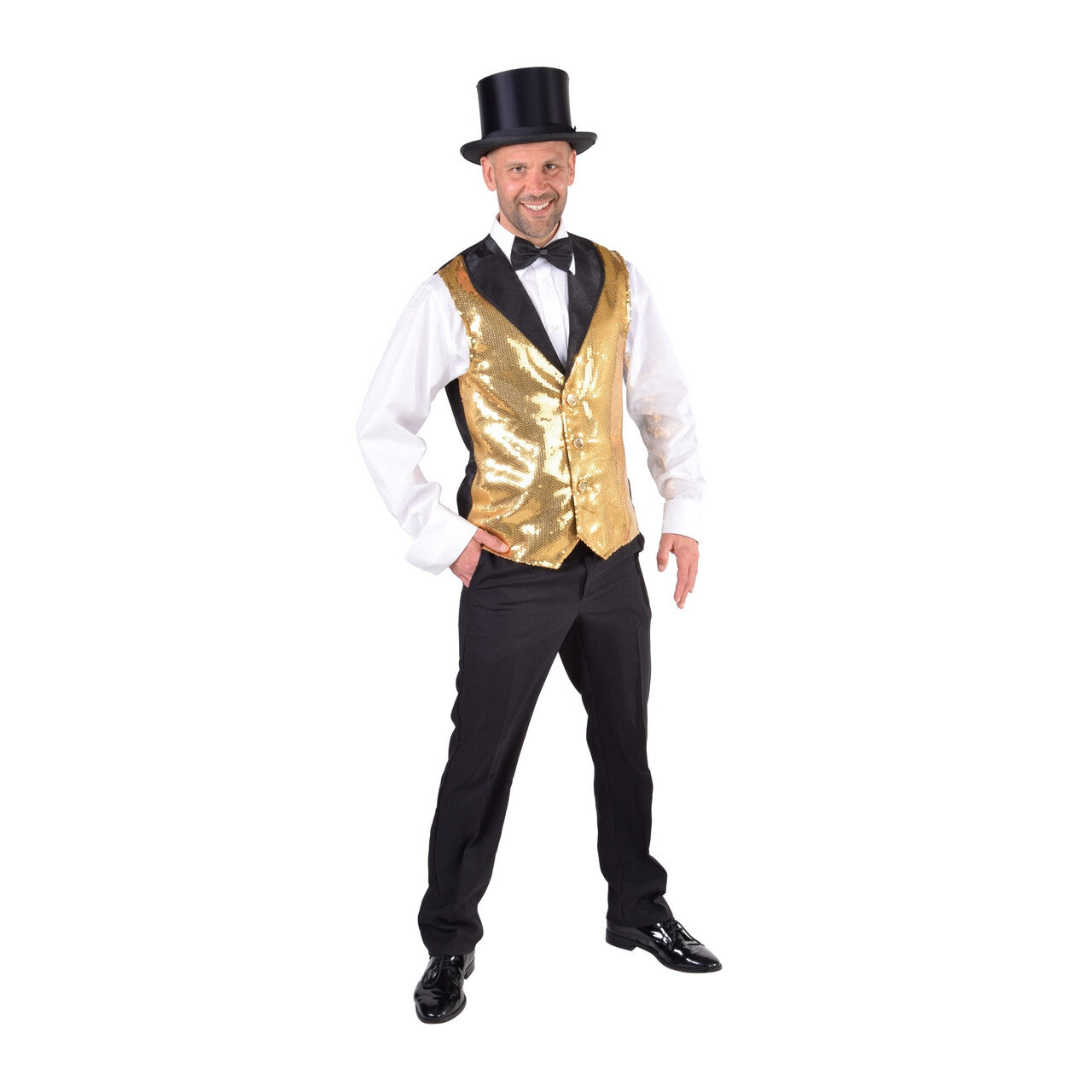 Op deze afbeelding zie je een Kostuums, van het merk Magic By Freddy's. Vest Showman Theater Gouden Pailletten