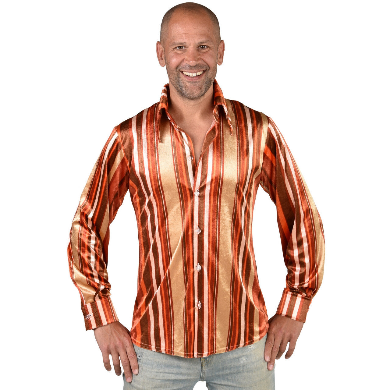 Op deze afbeelding zie je een Kostuums, van het merk Magic By Freddy's. Typische Jaren 70 Bruin Gestreepte Blouse Man