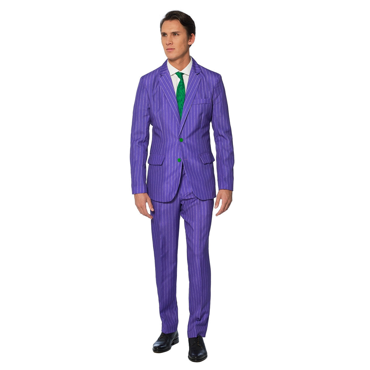 Op deze afbeelding zie je een Kostuums, van het merk Suitmeister. The Joker™ Haha Paars Gestreept Man Kostuum