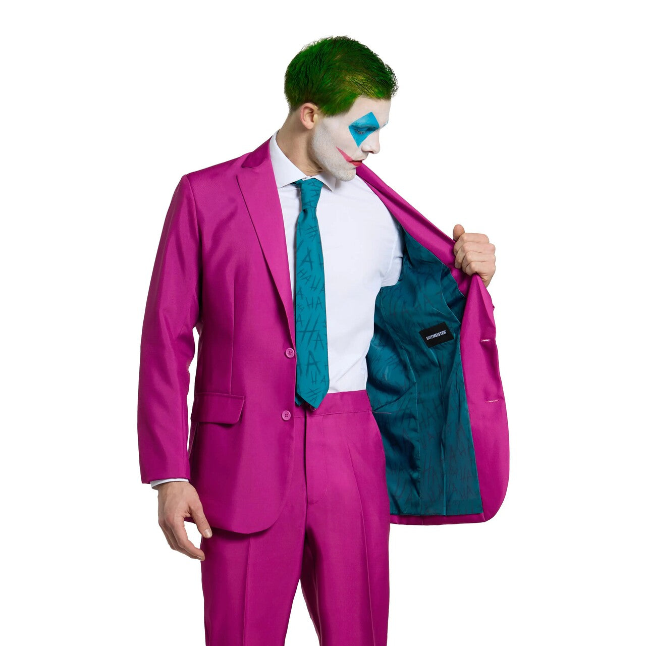 Op deze afbeelding zie je een Kostuums, van het merk Suitmeister. Chique Ruby Red Joker Man Kostuum