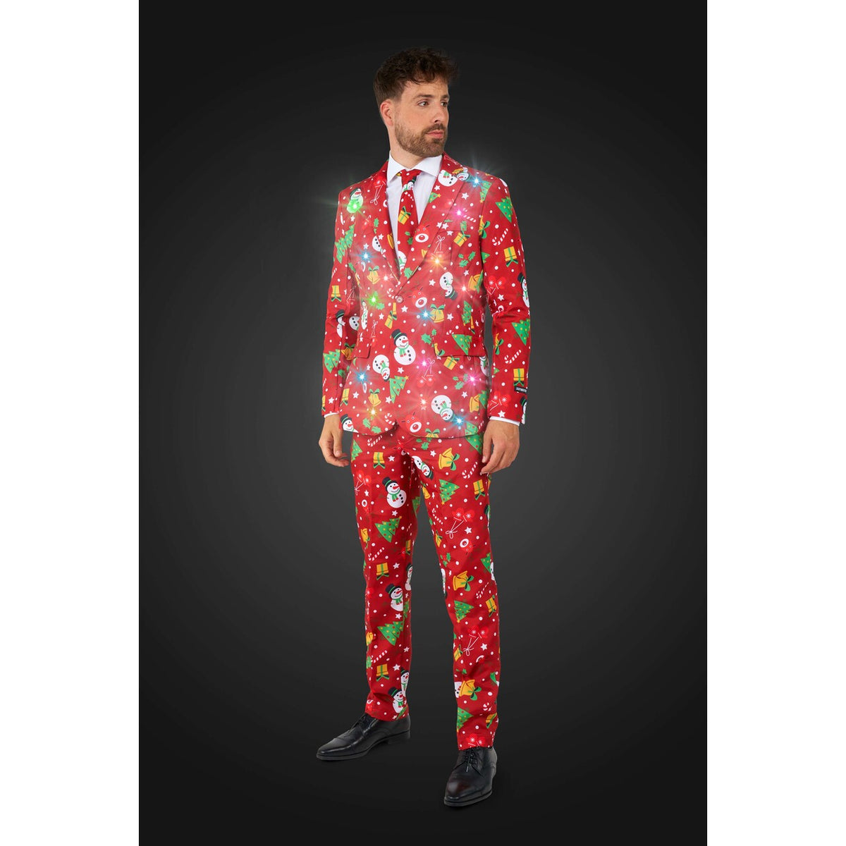 Op deze afbeelding zie je een Kostuums, van het merk Suitmeister. Christmas Red Icons - Light Up Man Kostuum