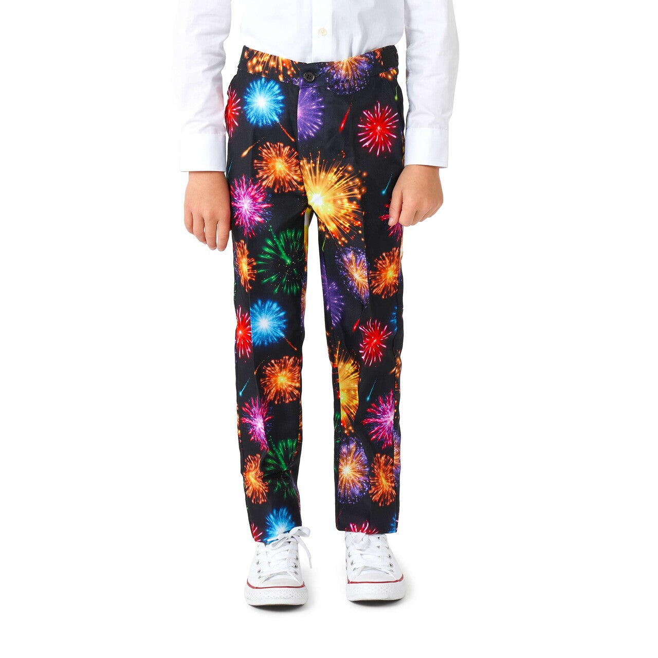 Op deze afbeelding zie je een Kostuums, van het merk Suitmeister. Fireworks Black Jongen Kostuum
