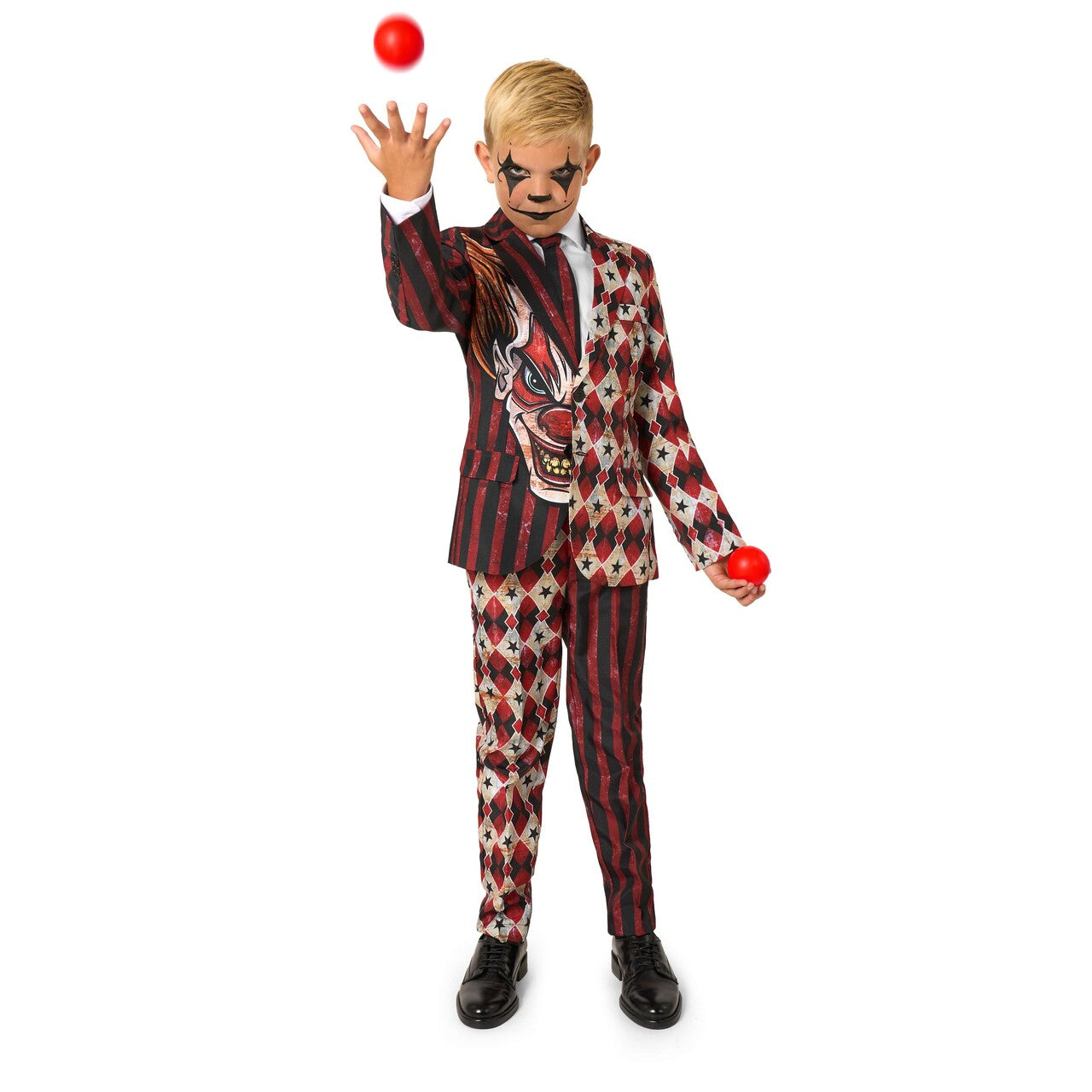 Op deze afbeelding zie je een Kostuums, van het merk Opposuits. Boys Scary Clown Red Jongen Kostuum