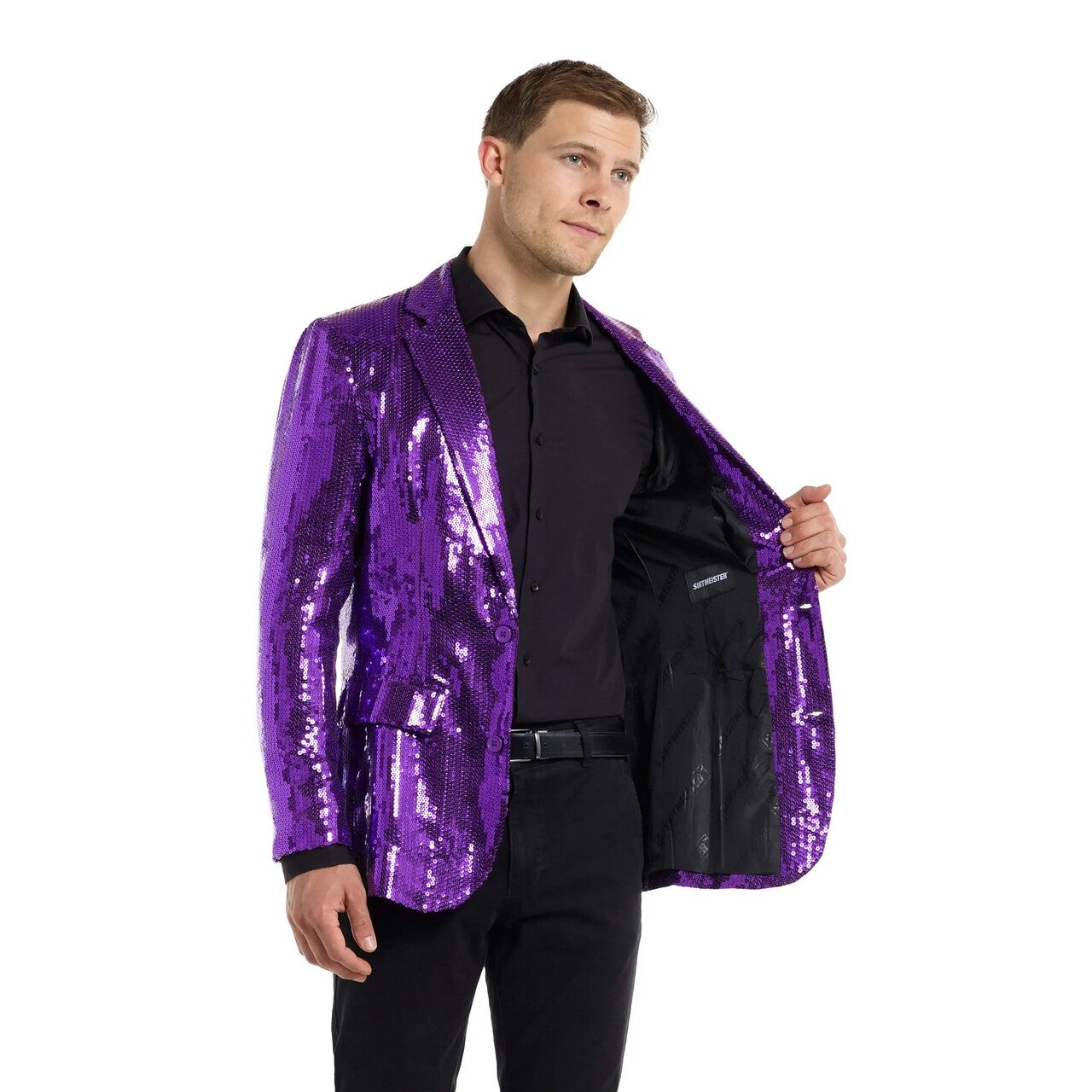 Op deze afbeelding zie je een Kostuums, van het merk Opposuits. Sequins Purple Blazer Man Kostuum