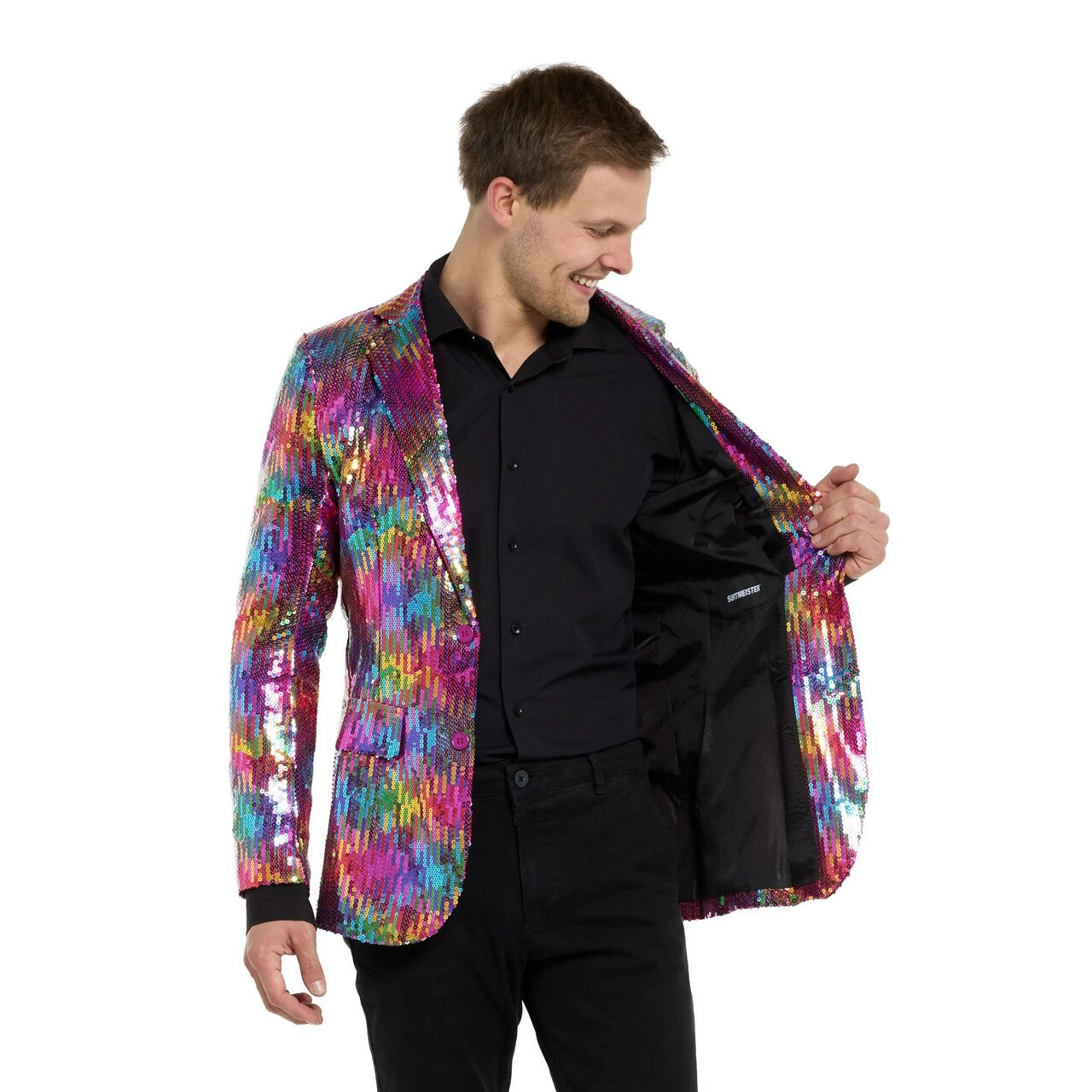 Op deze afbeelding zie je een Kostuums, van het merk Opposuits. Sequins Rainbow Blazer Man