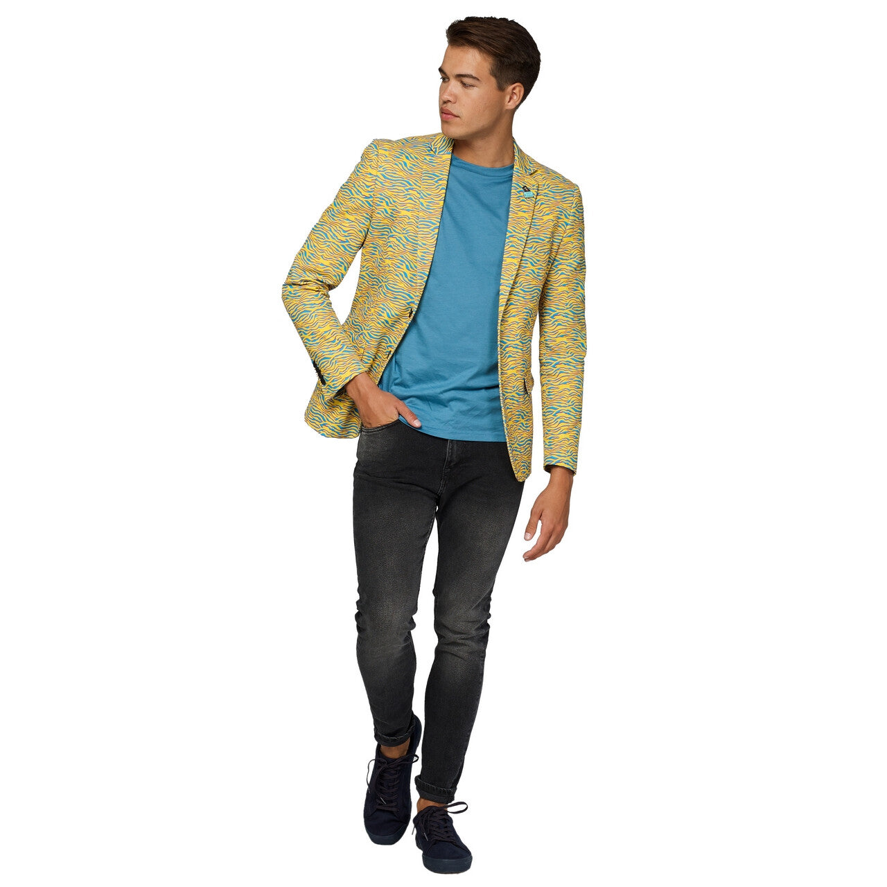 Op deze afbeelding zie je een Kostuums, van het merk Opposuits. Yellow Striped 80s Animal Jas Man