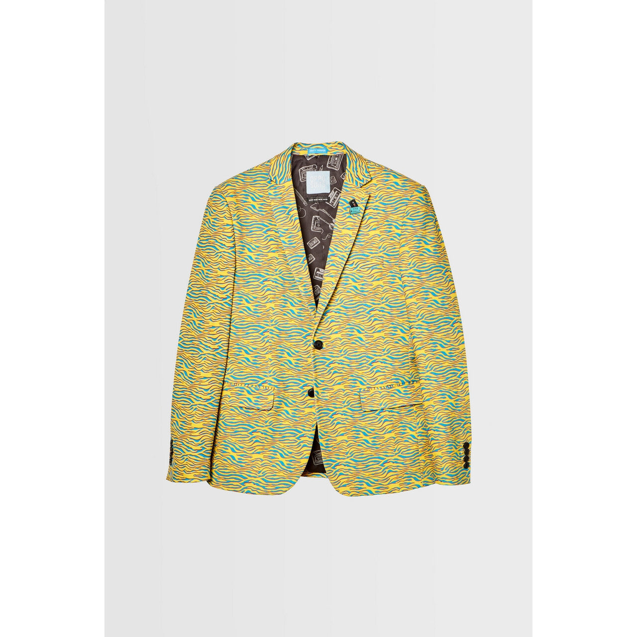 Op deze afbeelding zie je een Kostuums, van het merk Opposuits. Yellow Striped 80s Animal Jas Man