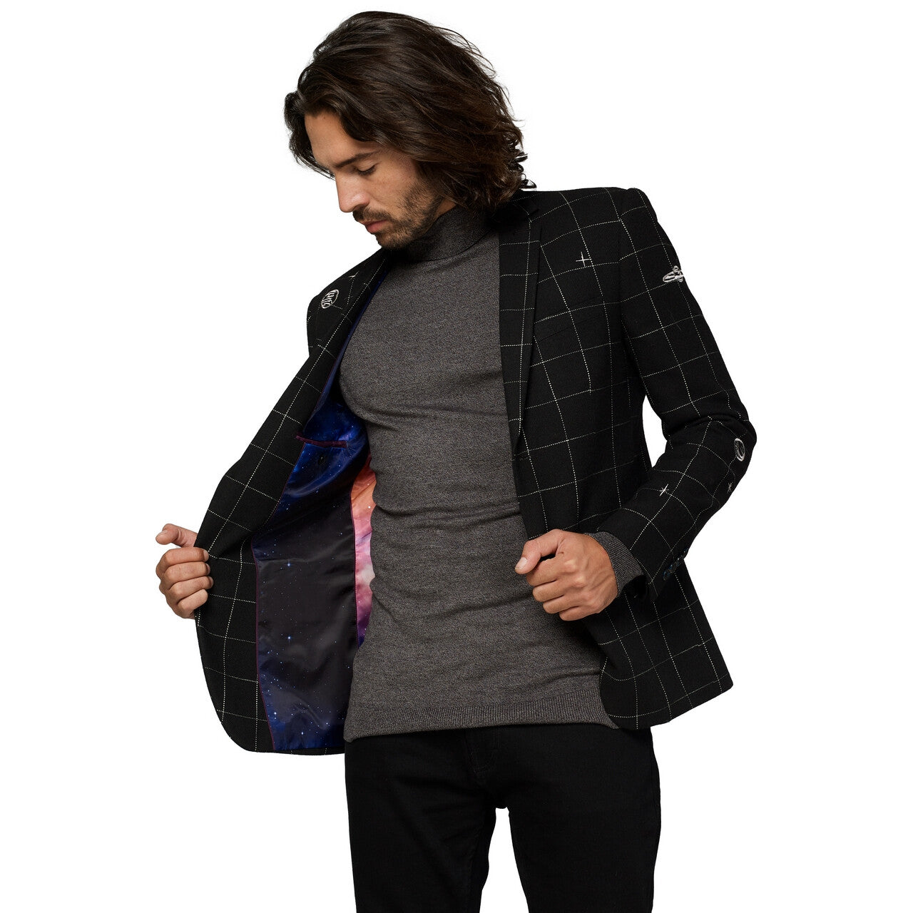 Op deze afbeelding zie je een Kostuums, van het merk Opposuits. Galaxy Map Zwart Jas Man