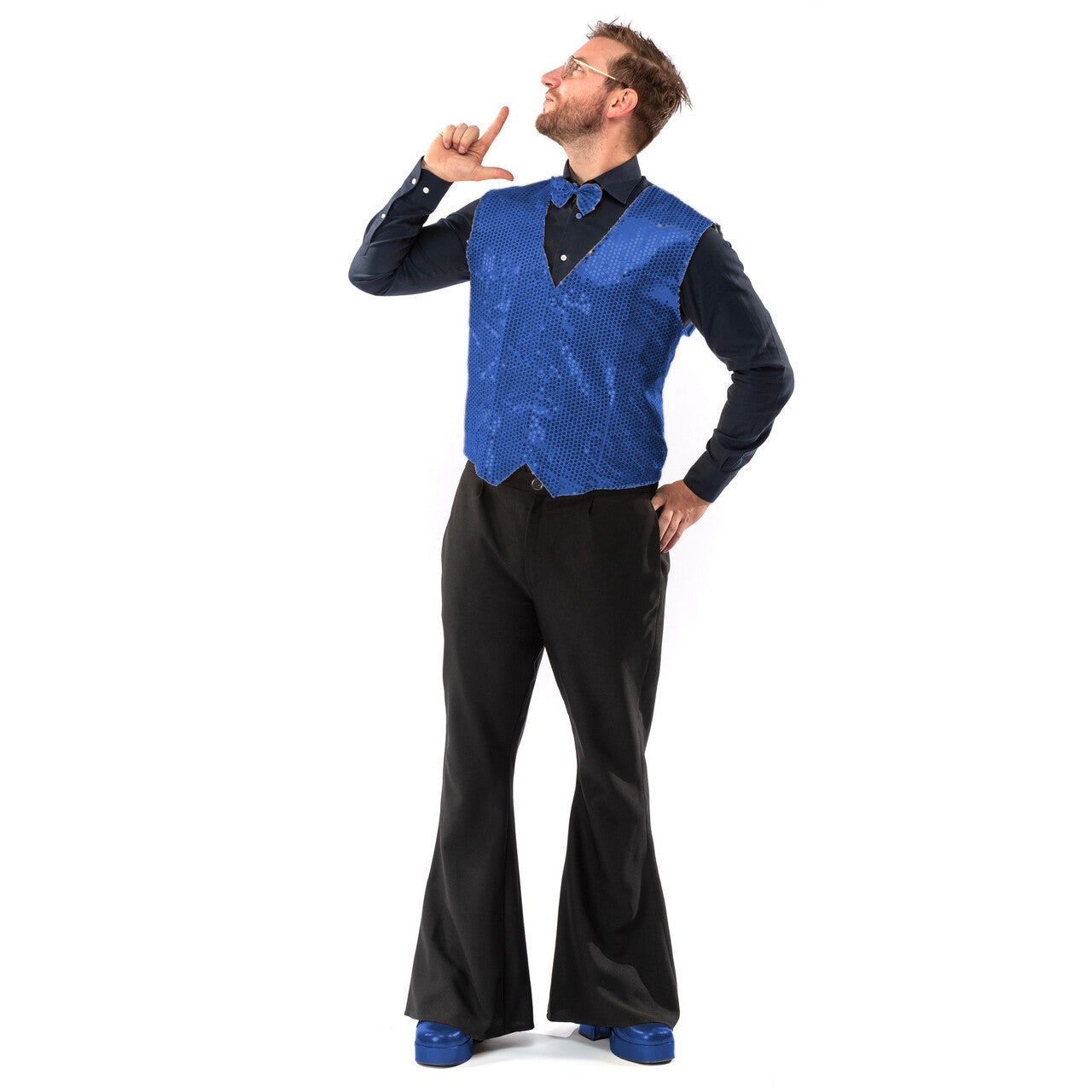 Op deze afbeelding zie je een Kostuums, van het merk Original Replicas. Paillettenvest Met Strik Blue Monday Man
