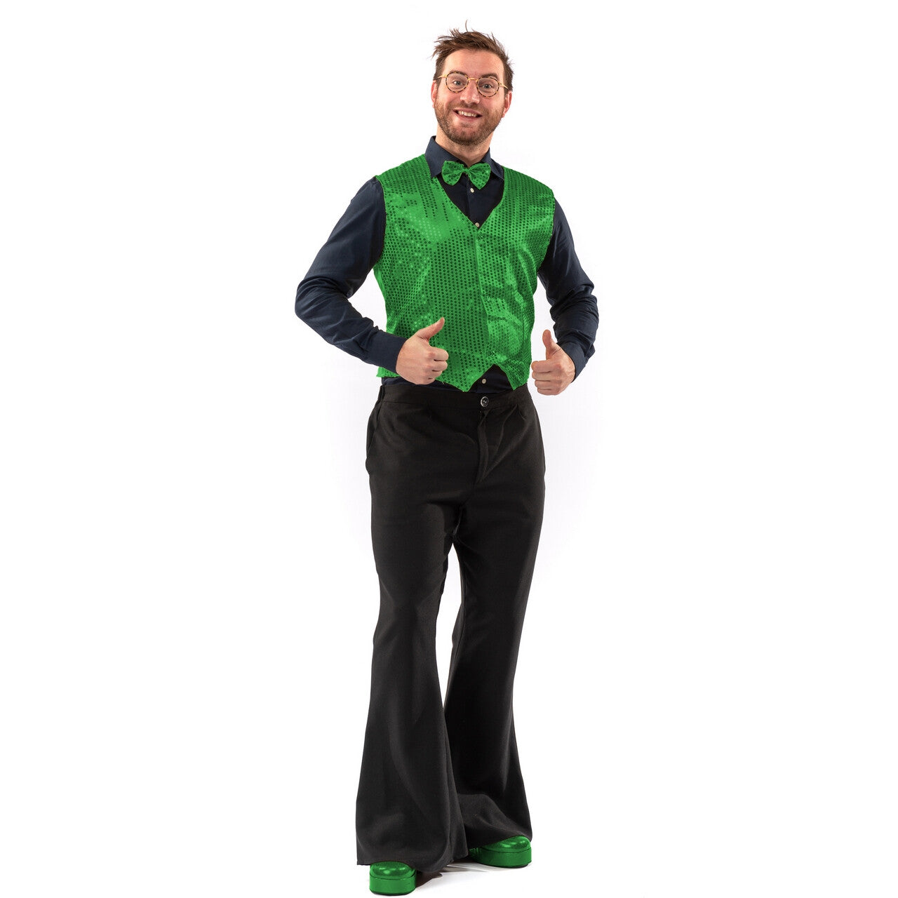 Op deze afbeelding zie je een Kostuums, van het merk Original Replicas. Paillettenvest Met Strik Festive Green Man