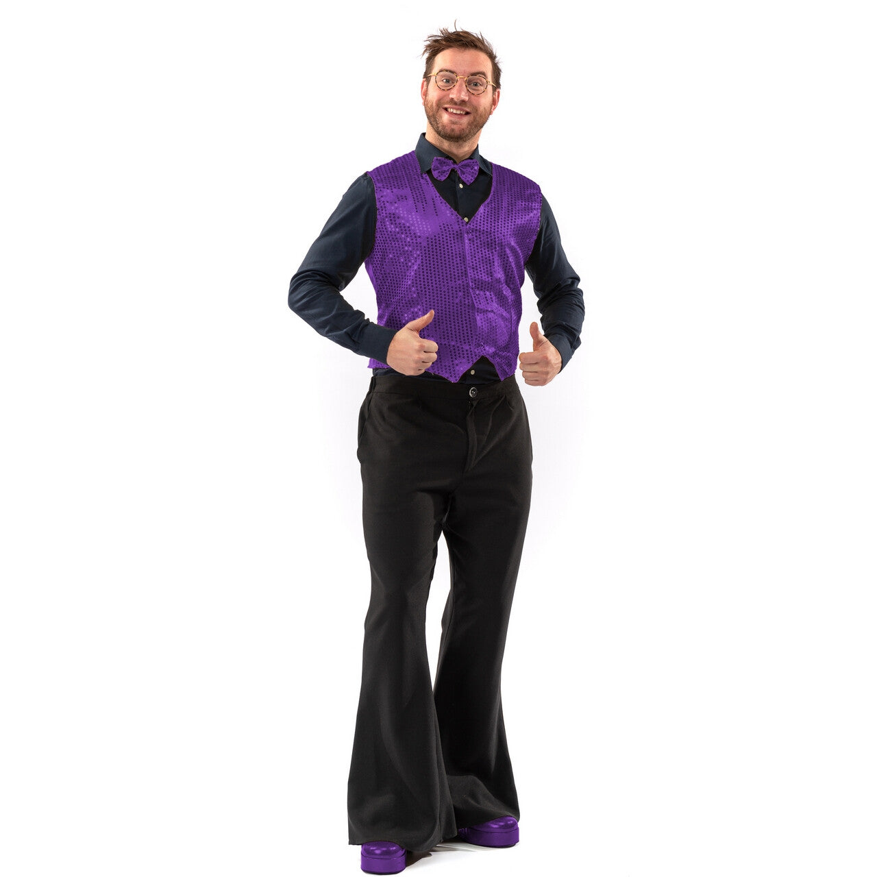 Op deze afbeelding zie je een Kostuums, van het merk Original Replicas. Paillettenvest Met Strik Purple Star Man
