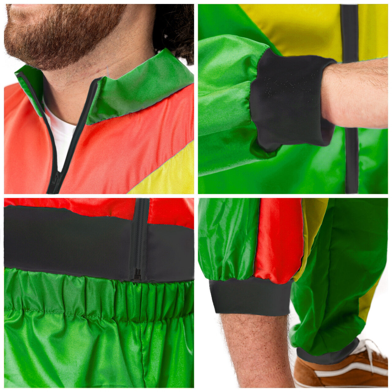 Op deze afbeelding zie je een Kostuums, van het merk Original Replicas. 80s Trainingspak Rasta Carnaval Man Kostuum