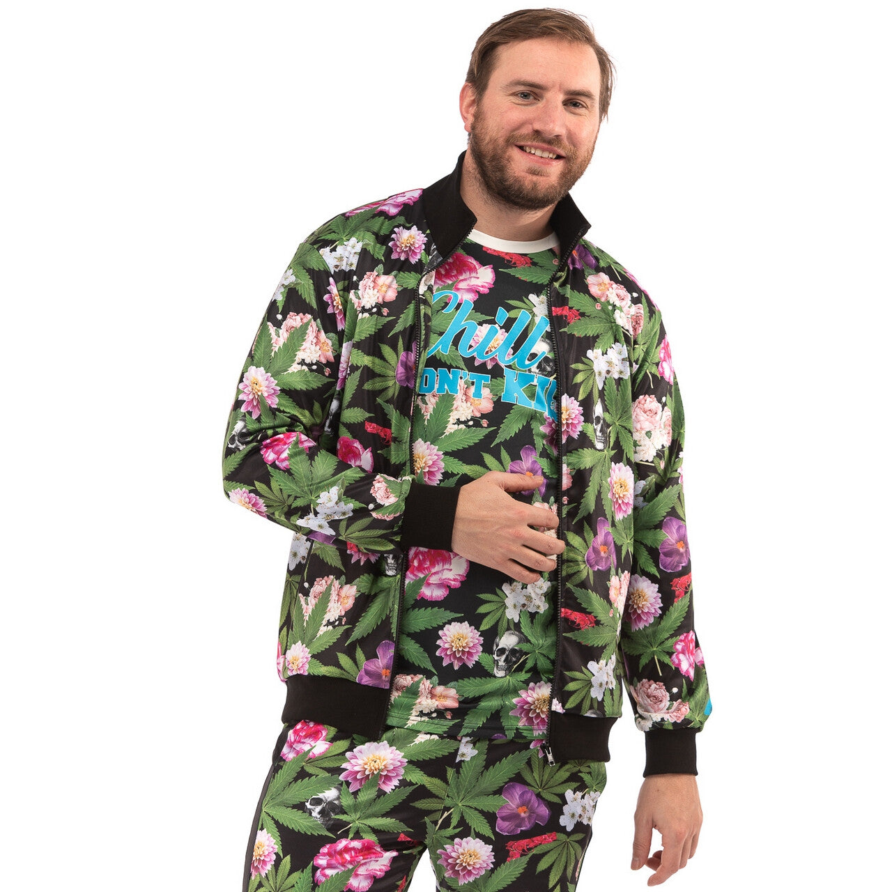Op deze afbeelding zie je een Kostuums, van het merk Original Replicas. Pablo Discobar Festival Jas Marihuana Hawaii