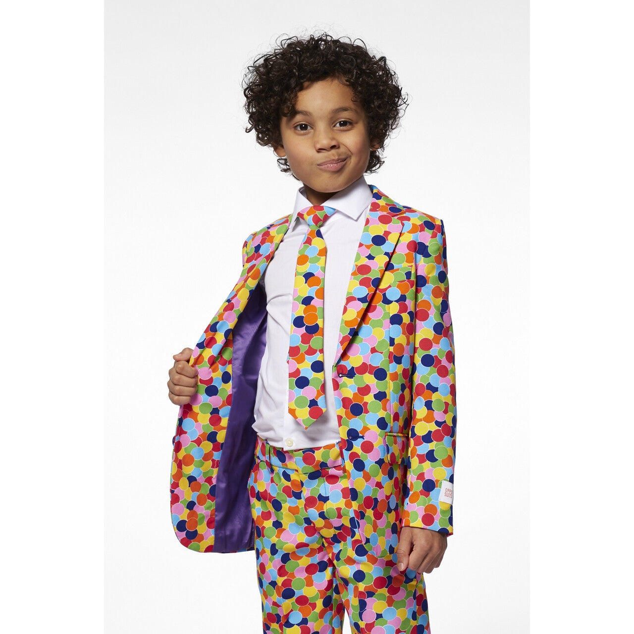 Op deze afbeelding zie je een Kostuums, van het merk Opposuits. Vrolijk Gekleurd Confetti Kanon Jongen Kostuum