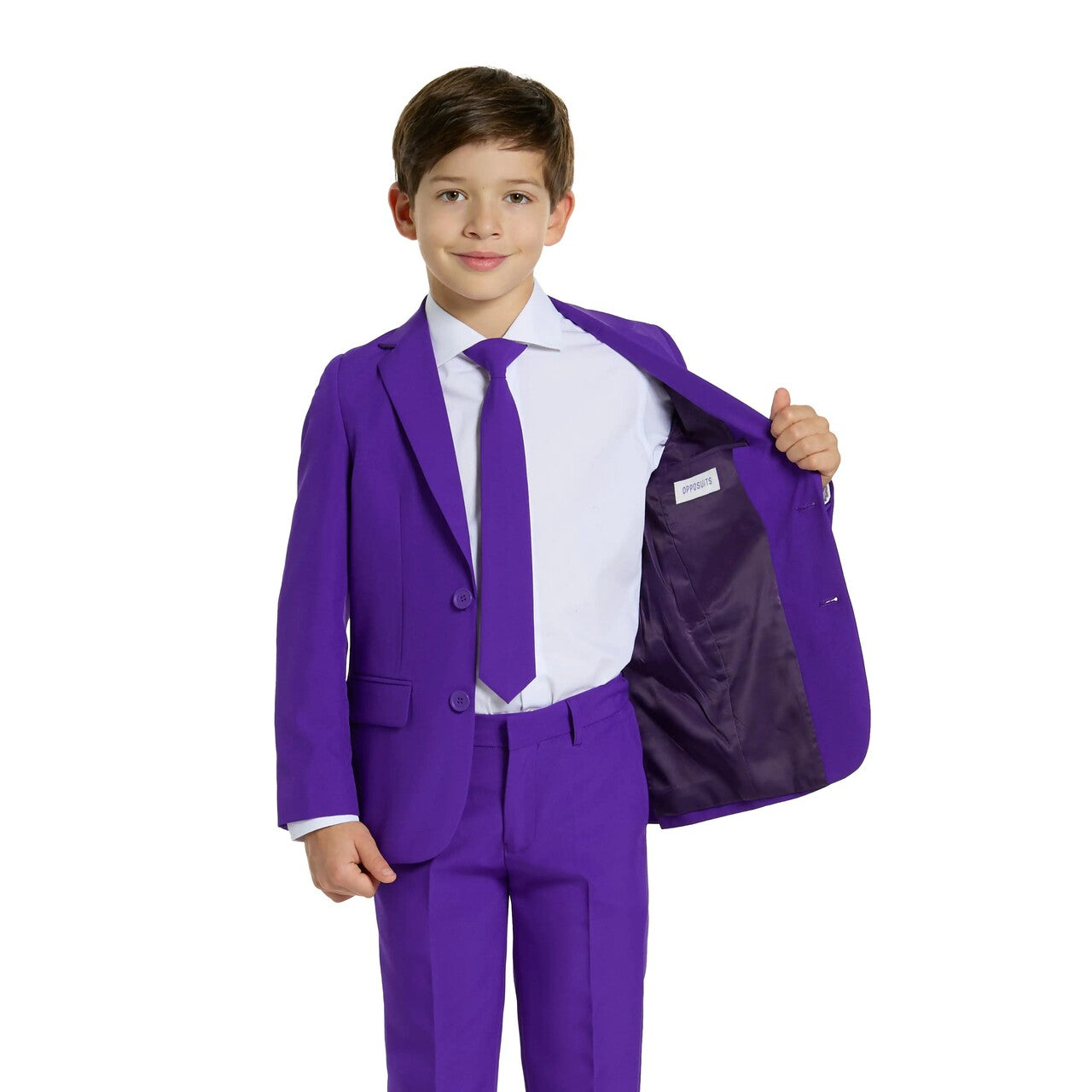 Op deze afbeelding zie je een Kostuums, van het merk Opposuits. Purple Joker Prince Jongen Kostuum