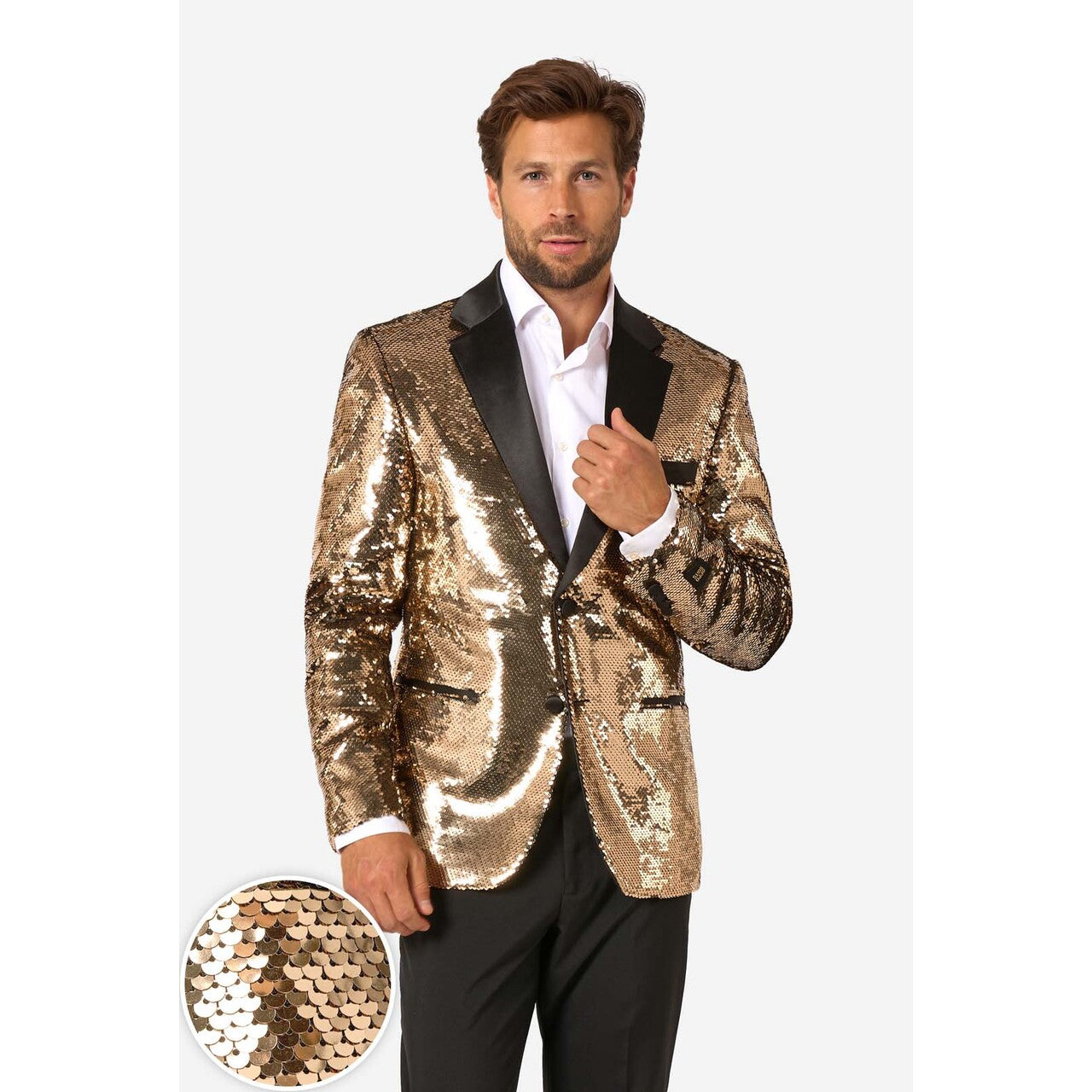 Op deze afbeelding zie je een Kostuums, van het merk Opposuits. Groovy Gold Sequins Man