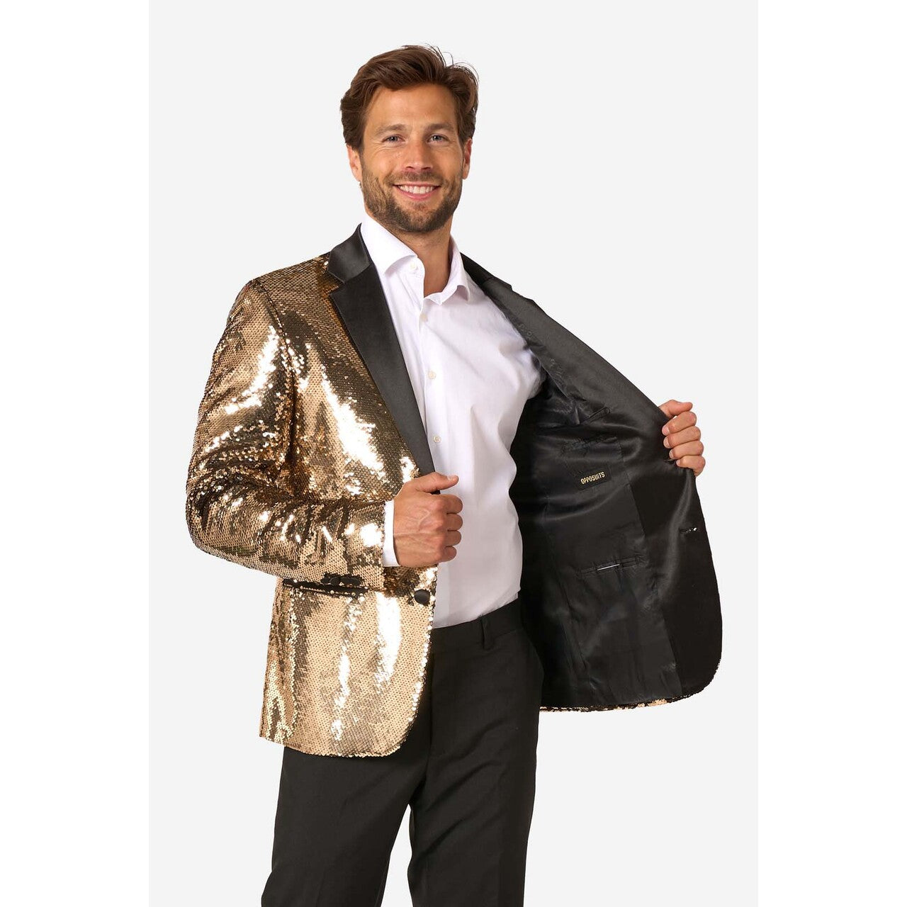 Op deze afbeelding zie je een Kostuums, van het merk Opposuits. Groovy Gold Sequins Man