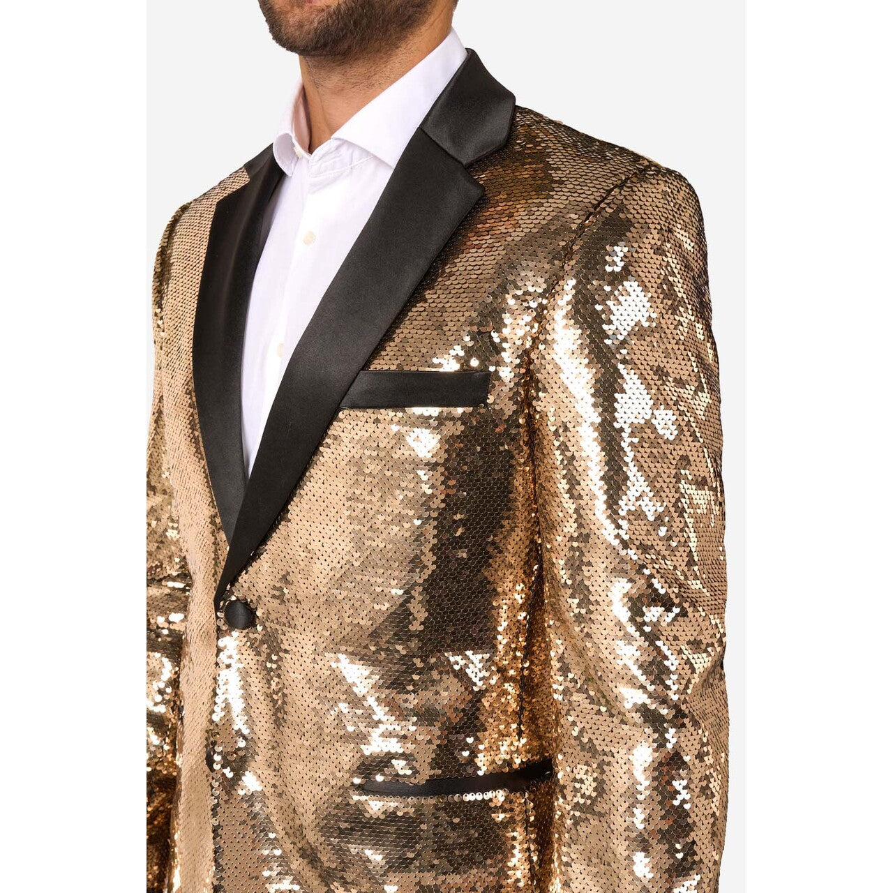 Op deze afbeelding zie je een Kostuums, van het merk Opposuits. Groovy Gold Sequins Man