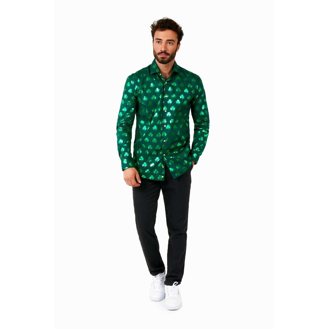 Op deze afbeelding zie je een Kostuums, van het merk Opposuits. Shiny Shamrock Man