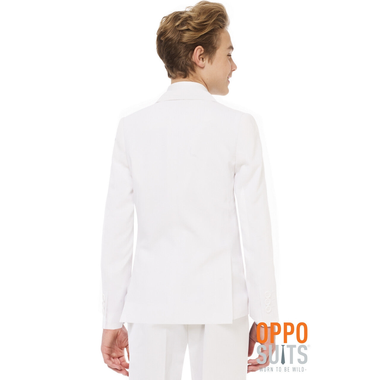 Op deze afbeelding zie je een Kostuums, van het merk Opposuits. Helemaal Wit Solid White Tiener Jongen Kostuum