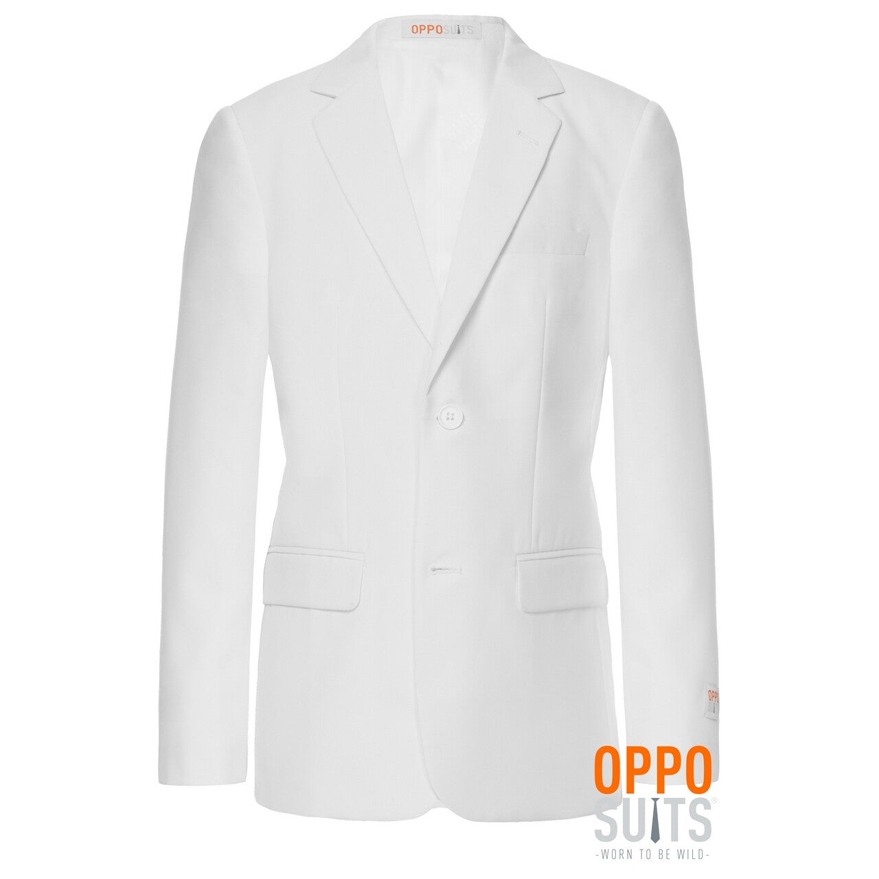 Op deze afbeelding zie je een Kostuums, van het merk Opposuits. Helemaal Wit Solid White Tiener Jongen Kostuum
