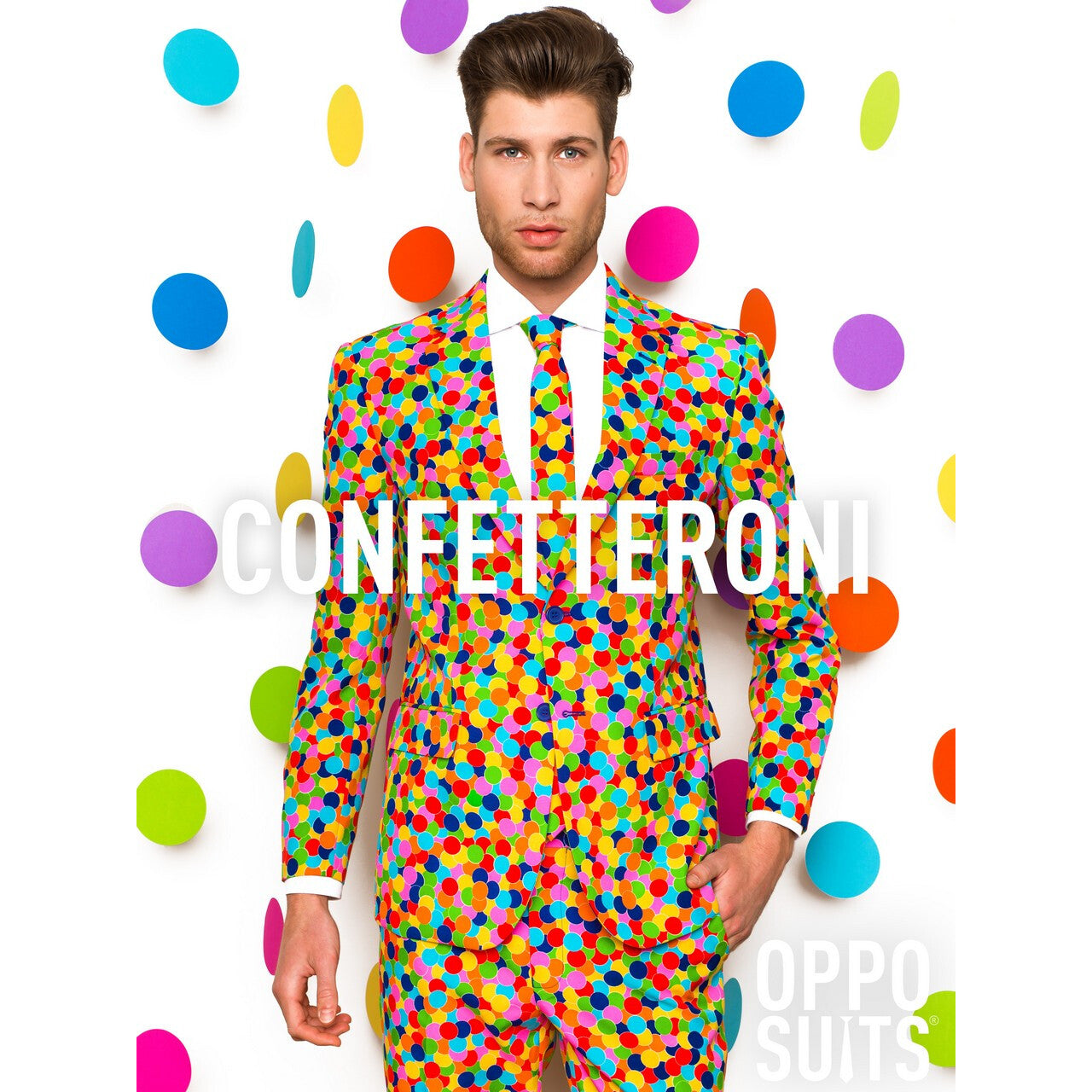 Op deze afbeelding zie je een Kostuums, van het merk Opposuits. Lekker Druk Confetteroni Opposuit Man Kostuum