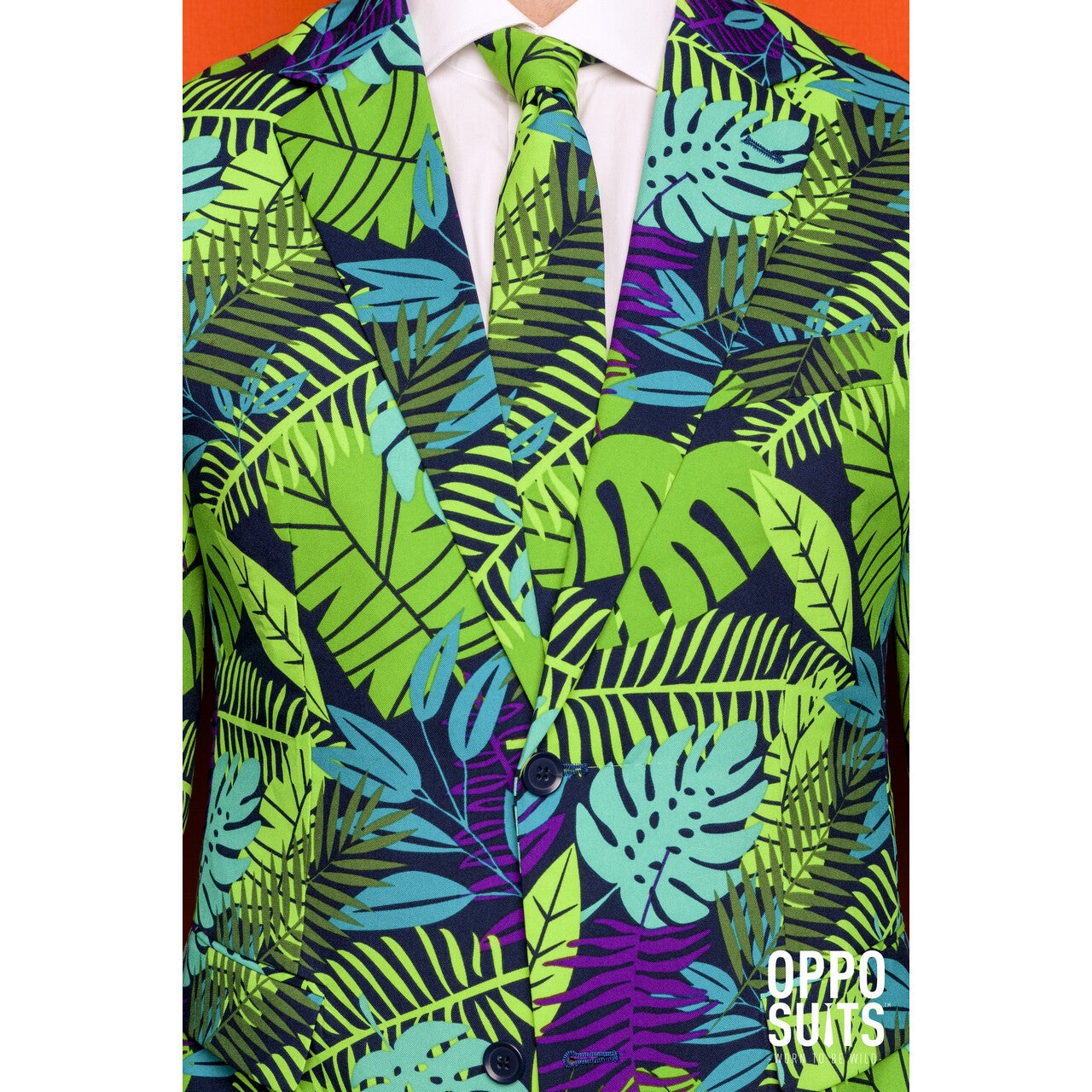 Op deze afbeelding zie je een Kostuums, van het merk Opposuits. Juicy Jungle Tropische Varens Man Kostuum