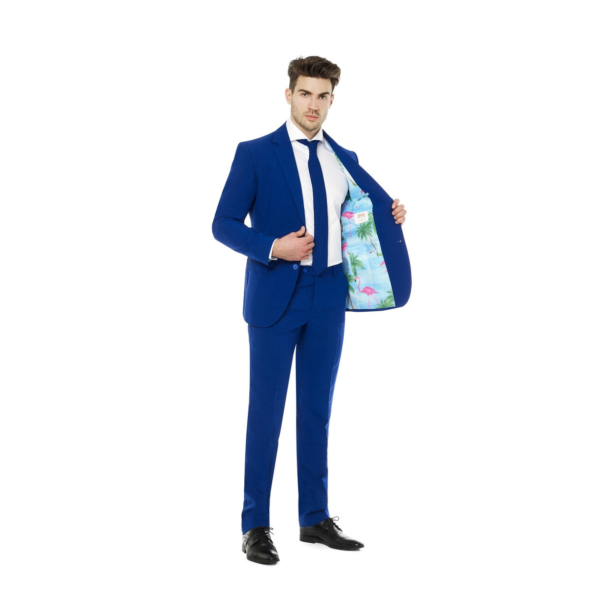 Op deze afbeelding zie je een Kostuums, van het merk Opposuits. Koninklijk Marine Blauw Navy Met Flaminguy Voering Man Kostuum