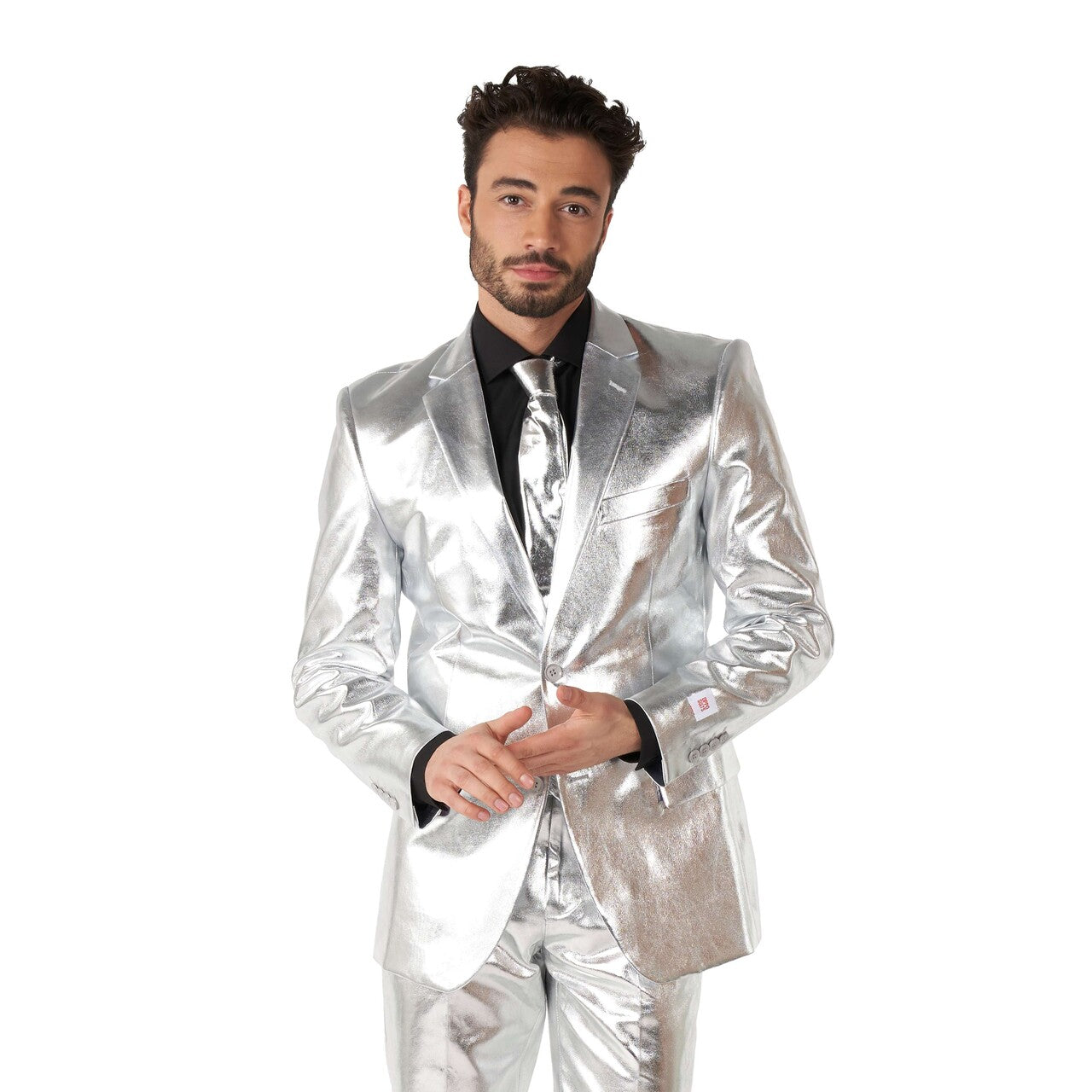 Op deze afbeelding zie je een Kostuums, van het merk Opposuits. Shiny Silver Man Kostuum