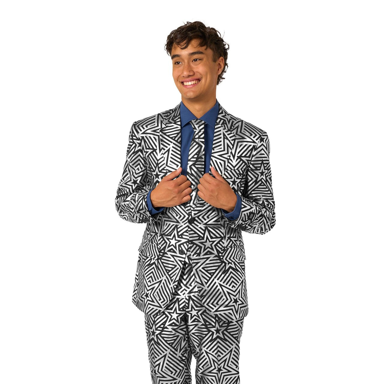 Op deze afbeelding zie je een Kostuums, van het merk Opposuits. Silver Geo Star Man Kostuum