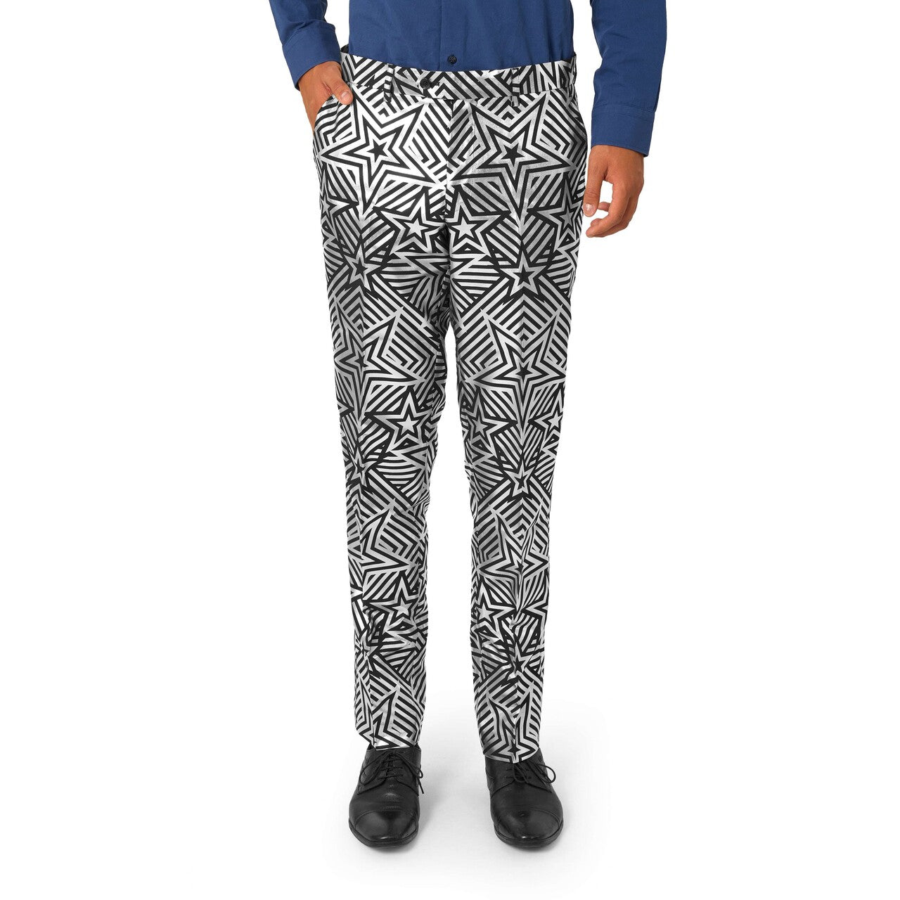 Op deze afbeelding zie je een Kostuums, van het merk Opposuits. Silver Geo Star Man Kostuum