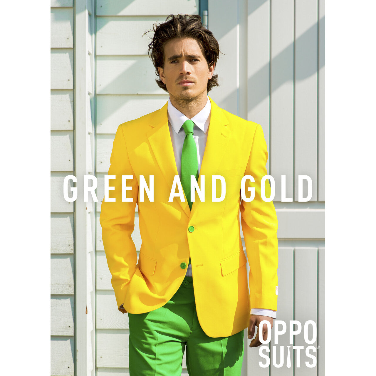 Op deze afbeelding zie je een Kostuums, van het merk Opposuits. Flashy Green And Gold Opposuit Man Kostuum