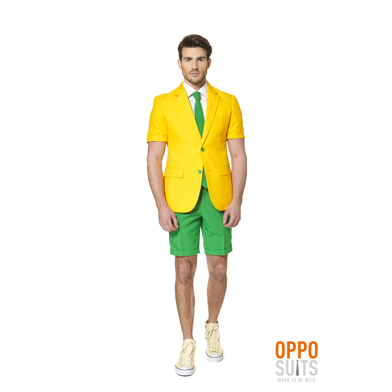 Op deze afbeelding zie je een Kostuums, van het merk Opposuits. Summer Festival Flashy Green And Gold Opposuit Man Kostuum