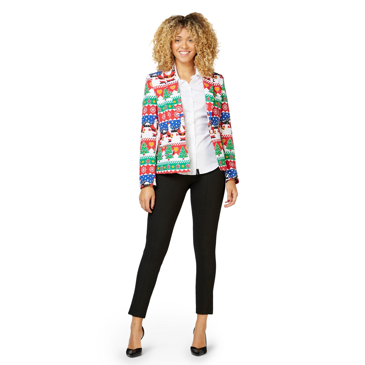 Op deze afbeelding zie je een Kostuums, van het merk Opposuits. Colourfull Snazzy Santa Dames Colbert Vrouw Kostuum