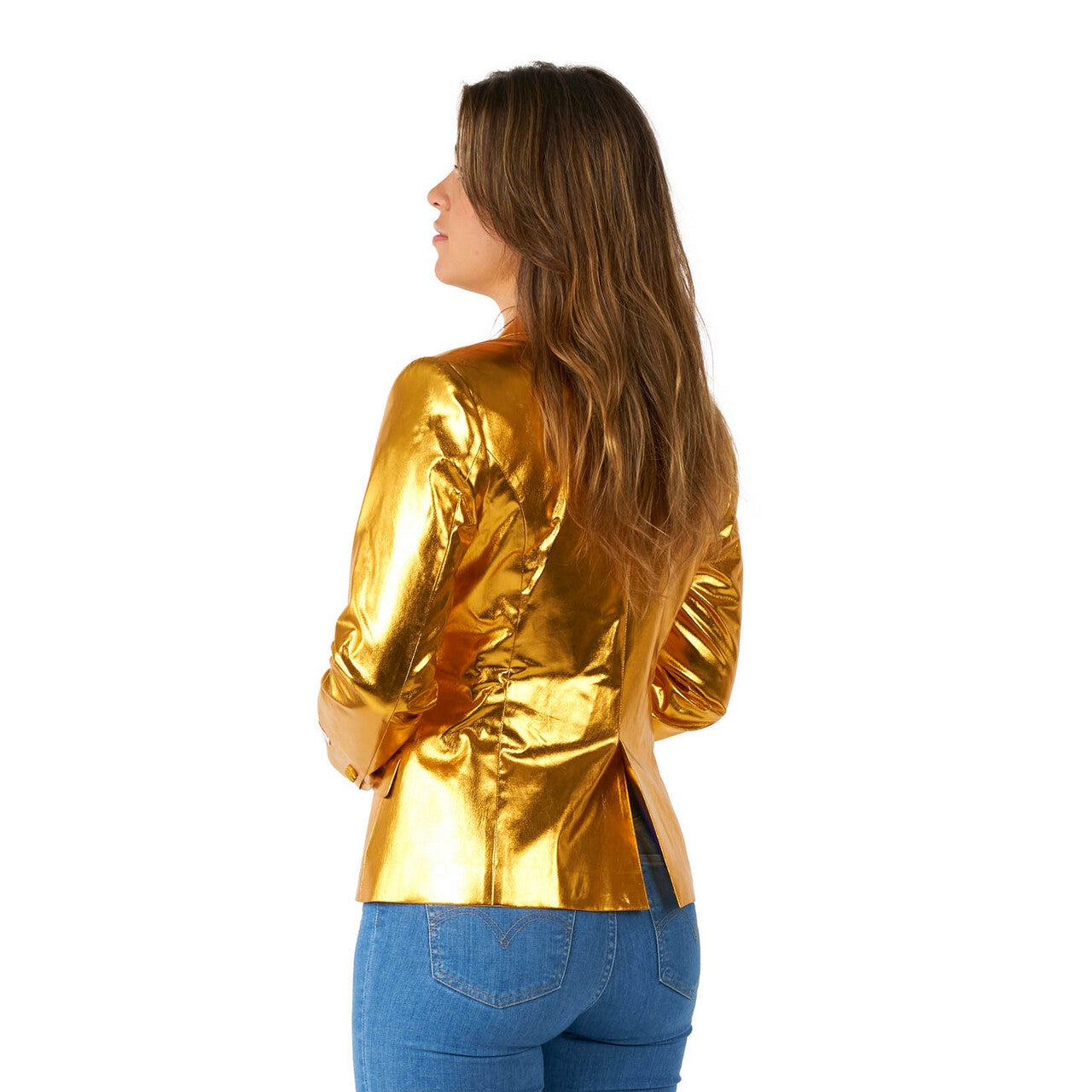 Op deze afbeelding zie je een Kostuums, van het merk Opposuits. Shiny Groovy Gold Jas Vrouw