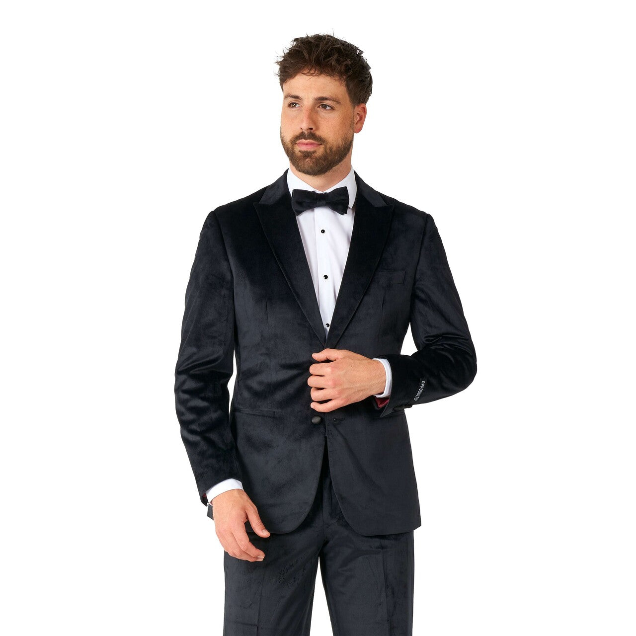 Op deze afbeelding zie je een Kostuums, van het merk Opposuits. Midnight Black Velvet Man Kostuum