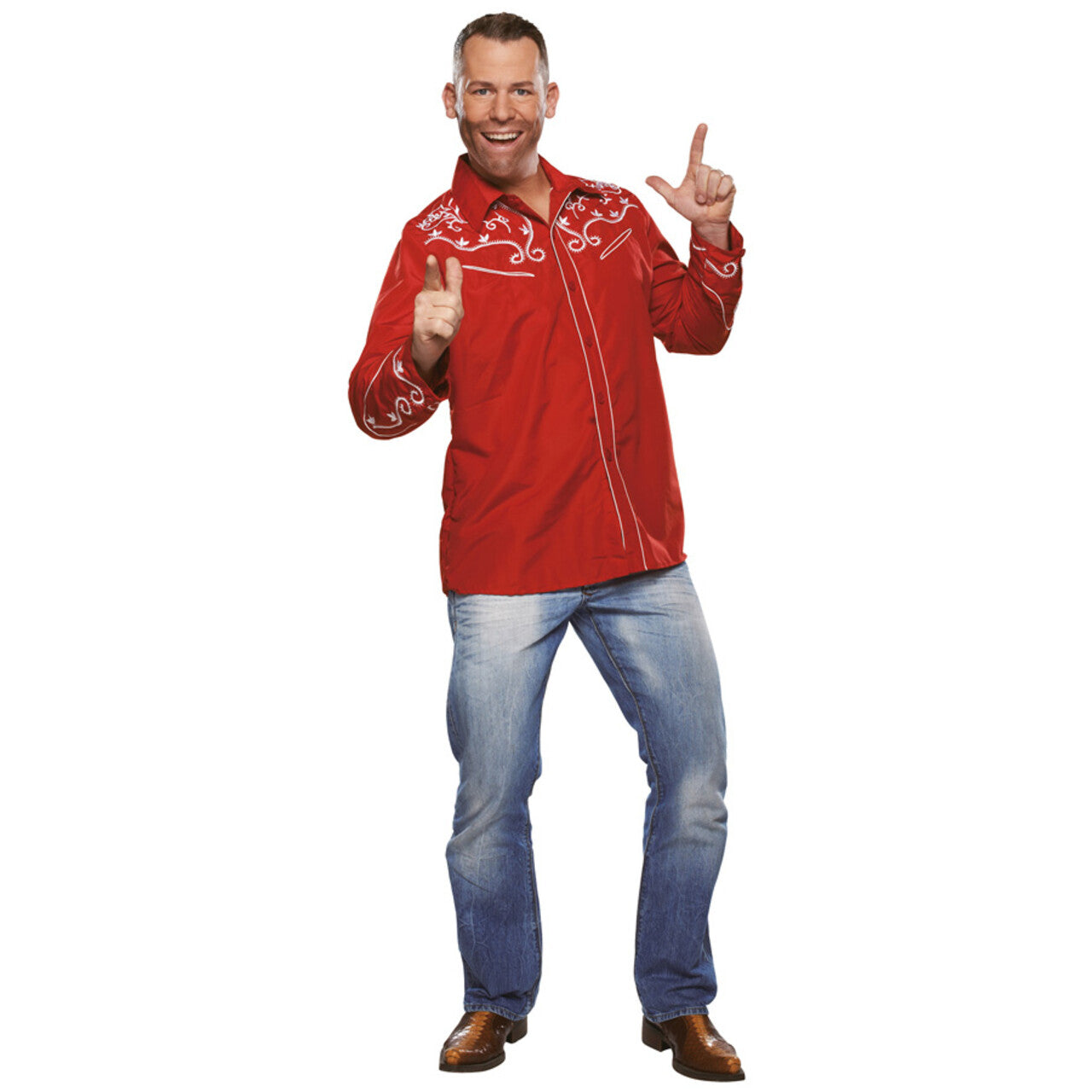 Op deze afbeelding zie je een Kostuums, van het merk PartyXplosion. Country Blouse Linedance Rood Man