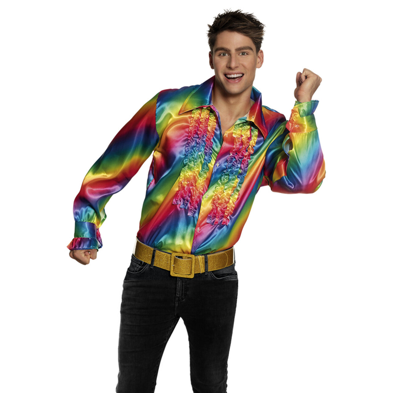 Op deze afbeelding zie je een Kostuums, van het merk PartyXplosion. Ruchesblouse Baas Van De Dansvloer Regenboog Man