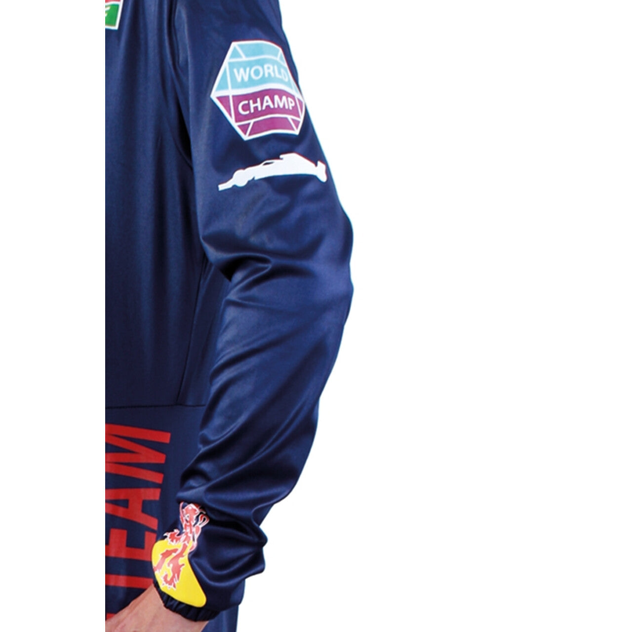 Op deze afbeelding zie je een Kostuums, van het merk PartyXplosion. Supersnel Formule 1 Race Overall Max Man Kostuum